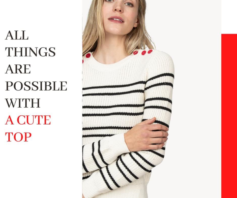 StycheBoutique's tweet photo. This ivory crewneck sweater in a classic black stripe has a PERFECT fit and is embellished with red buttons for extra impact. Love that you can wear it now and right into the spring. https://t.co/pDQEQHVzoj
