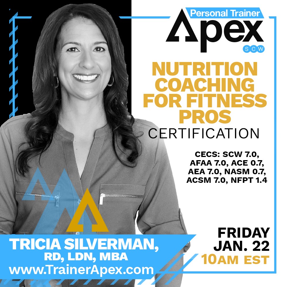TriciaSilverman's tweet photo. Hope you can join me for the @SCWFITNESS
Nutrition Coaching for Fitness Professionals Certification on Friday, January 22, 10 – 6 pm ET.
Register here: https://t.co/OnfS6vgd9o
#nutritioncoaching #nutritioncoachingcertification #scwmania https://t.co/mHwK2iAZUX