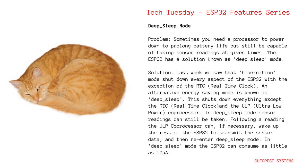DuforestSystems's tweet photo. #TechTuesday 
#ESP32 Features Series #Deep_Sleep Mode 

Problem: Prolong battery life but still take #SmartSensor readings

Solution: #Energysaving mode known as 'deep_sleep' in which readings can still be taken.

#ArduinoIDE #SmartSolution #IoT #LoRa #ESP32DeepSleep #DeepSleep https://t.co/FcZjRqlhwJ