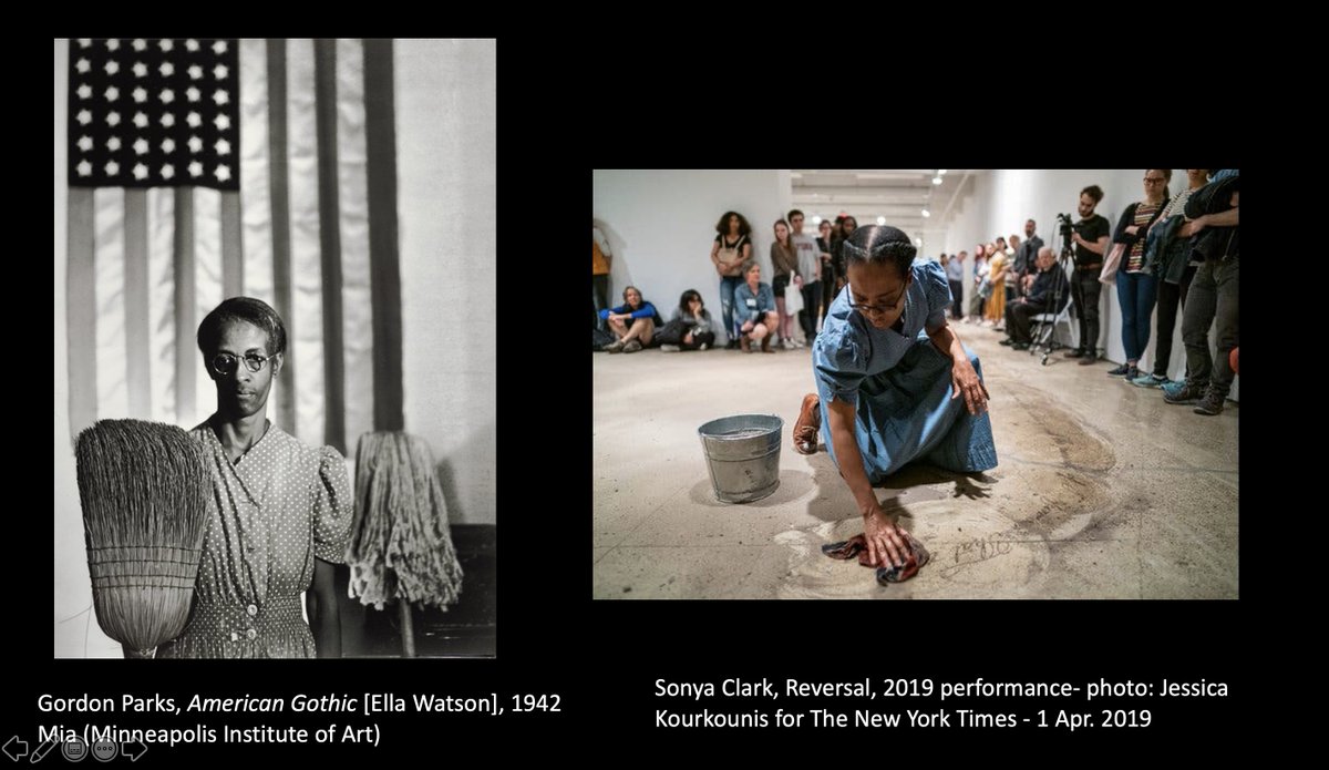 Most breathtaking was "Reversals," performance & installation: Clark donned attire similar to that worn by Ella Watson in Gordon Parks's famous photograph American Gothic. Clark knelt and, using a dishcloth emblazoned with the Confederate battle flag, carefully cleaned the floor6
