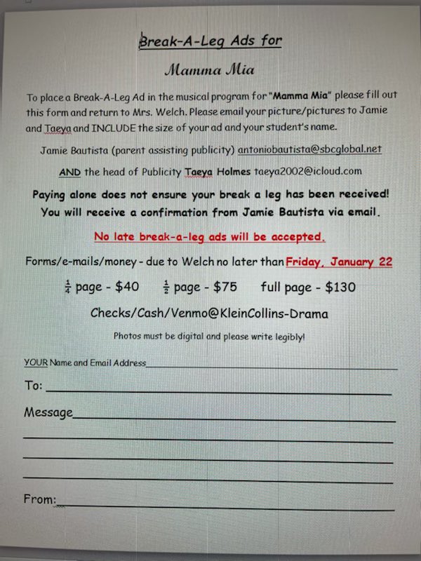 CollinsDrama's tweet photo. BREAK A LEGS FOR MAMMA MIA ARE DUE ON JANUARY 22! Please get this form and your payment in by Friday to place your legacy in the Klein Collins Drama Program! https://t.co/Vw78B5GLm9