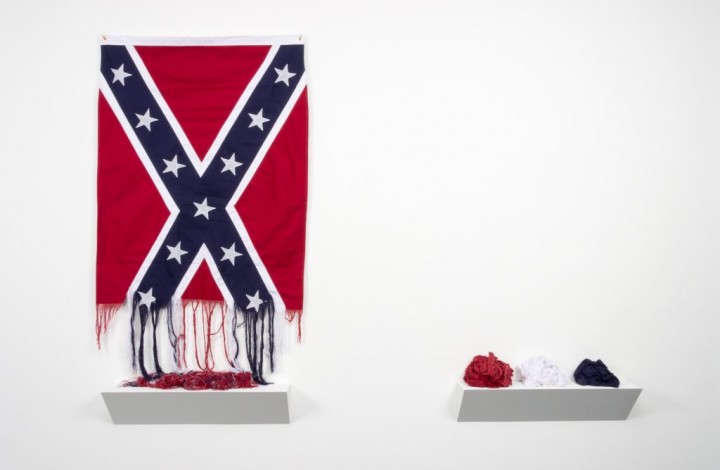 On the 150th anniversary of Lee's surrender (2015), Clark began the painstaking work of unraveling a Confederate battle flag thread by thread in her Richmond, VA studio. This later became a participatory performance, inviting others to join her in museums and galleries. 2/