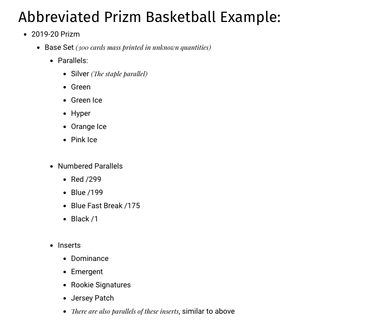 Here's an outline and abbreviated example of the structure of a Prizm release:Card nerds - yes I know this isn't absolutely everything. This thread isn't for you.