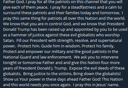20/ There has been a constant flow of Prayers in the largest QAnon chat, managed by most of the influencers. The role of Evangelicalism in QAnon US is primordial and cannot be separated from it. The religious dimension of QAnon needs to be part of any threat assessment/analysis