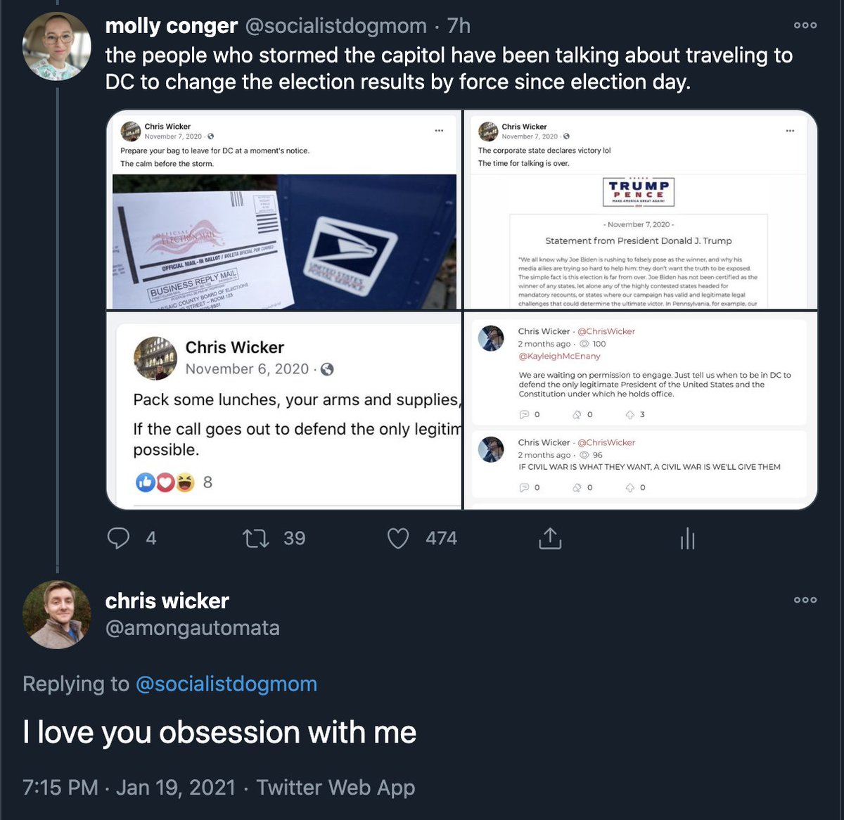 chris mistakes my obsession with identifying dangerous fascists for an obsession with him personally. an easy mistake to make, perhaps, if you're the kind of guy who brags about committing federal crimes on multiple social media platforms.