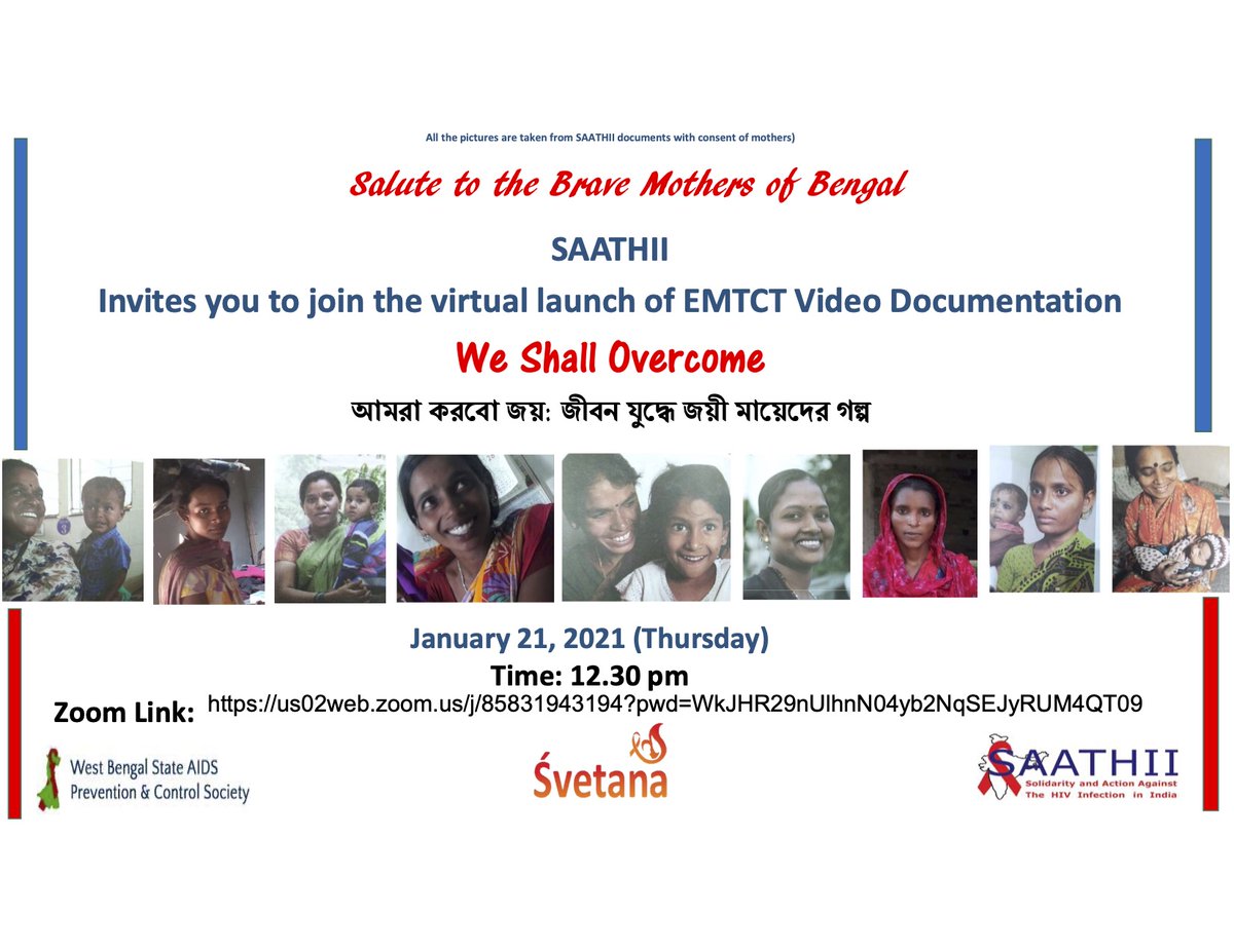 SAATHII's tweet photo. January 21, 2021 (Thursday) Time: 12.30 pm IST via Zoom:
Online launch of video featuring voices of women living with HIV in West Bengal, India #pptct #emtct #pmtct https://t.co/09l67mTRwQ