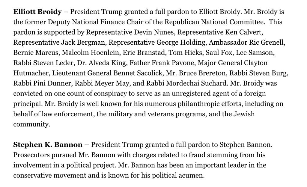 Full clemency list from the White House is 143 people (73 pardons, 70 commutations). Broidy and Bannon are listed back to back.