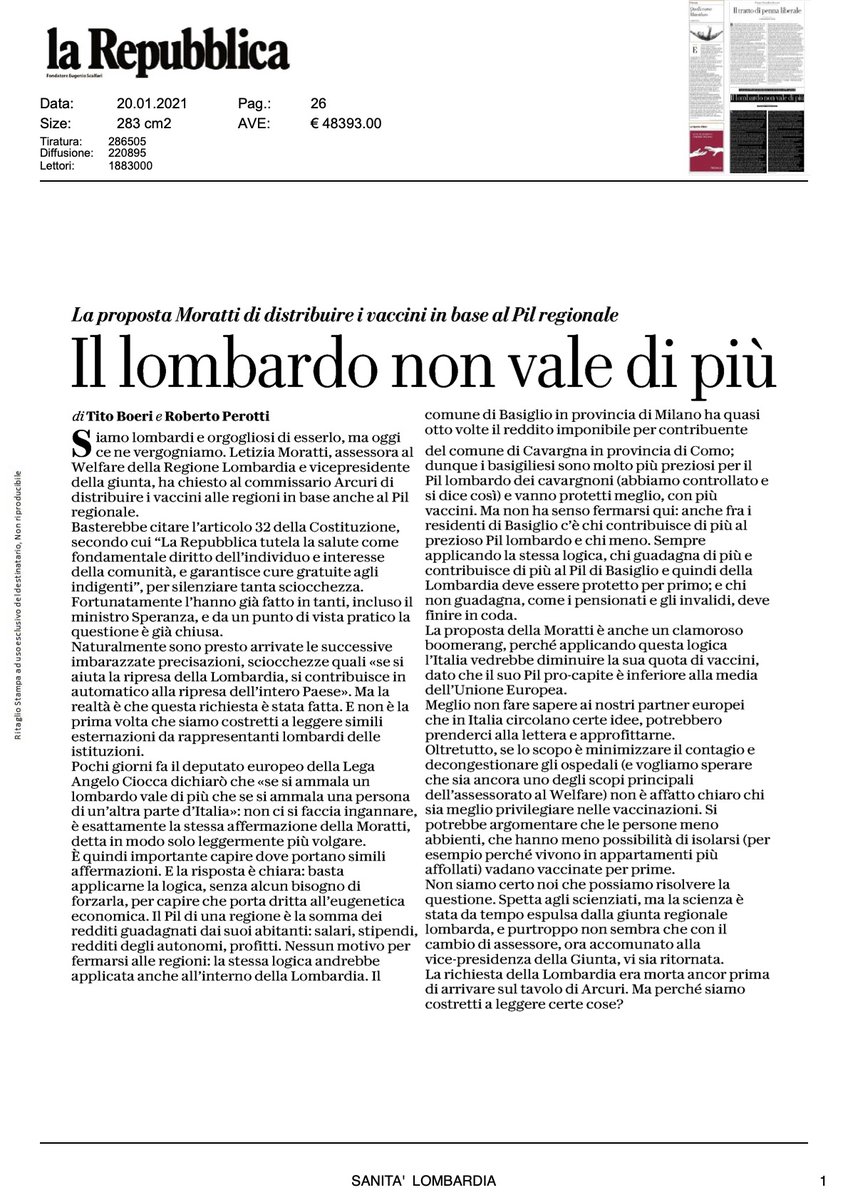 parpinellivo's tweet photo. #TitoBoeri e #RobertoPerotti ci spiegano, su @repubblica, perché la proposta di #LetiziaMoratti di distribuire i vaccini in base al PIL ragionale è sbagliata. #iomivaccino https://t.co/W7tMwNCLTQ