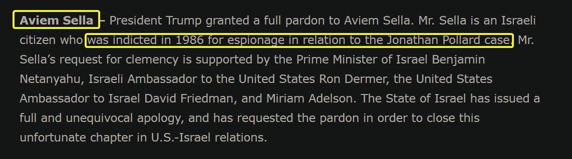 Trump pardoning a foreigner who came to this country to convince Americans to spy for Israel. This entire list is an insult.