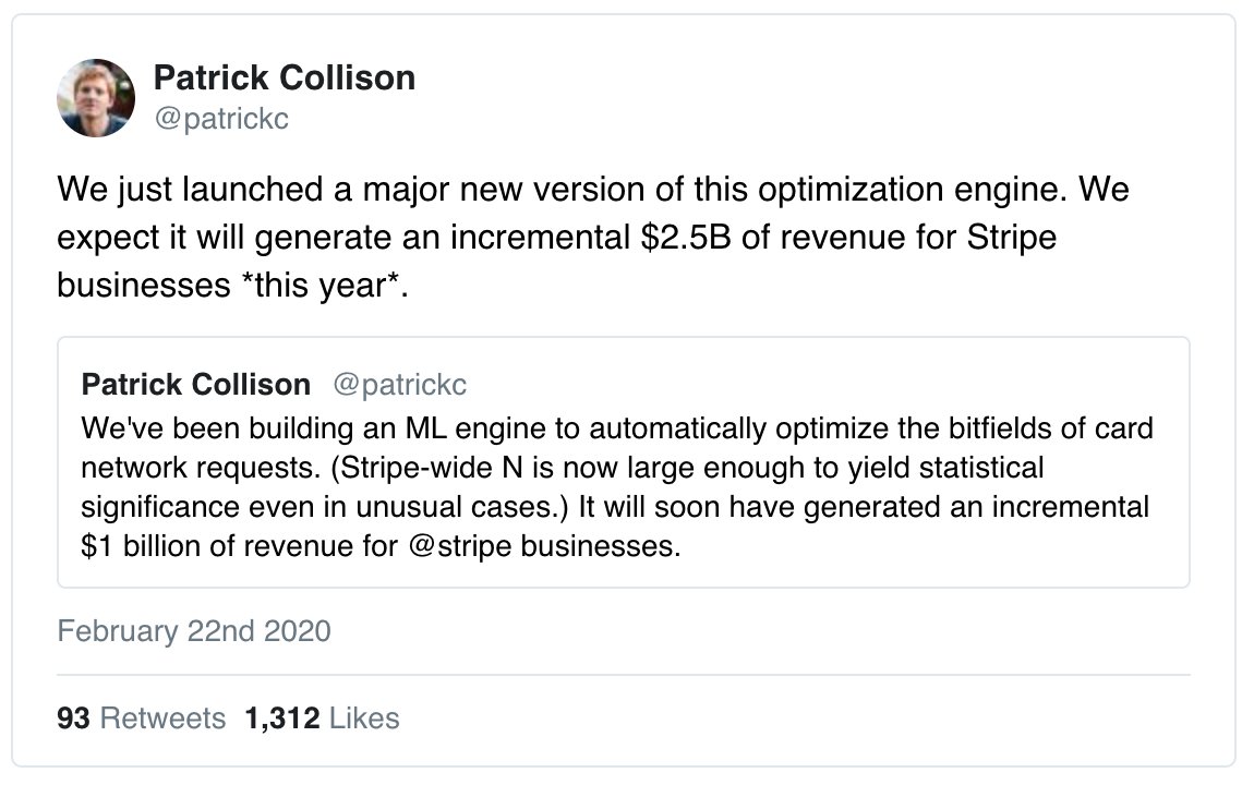 Stripe's moats are some of the strongest moats we have seen across organizations:Scale Economies - Stripe's revenues increase with its client's business. And at that scale, even the smallest optimizations in Stripe's products lead to huge differences in revenues.