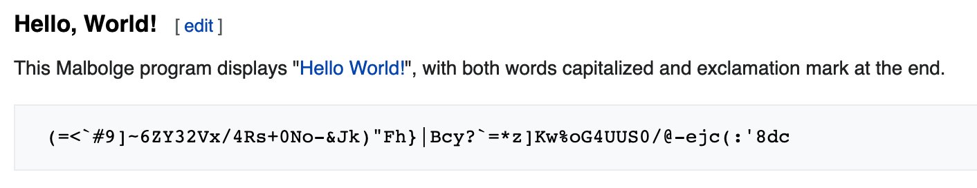 Brooks Otterlake on Twitter: "In case you're curious, this is what a Hello  World program looks like in Malbolge. This is the code you would write to  display the words "Hello World"