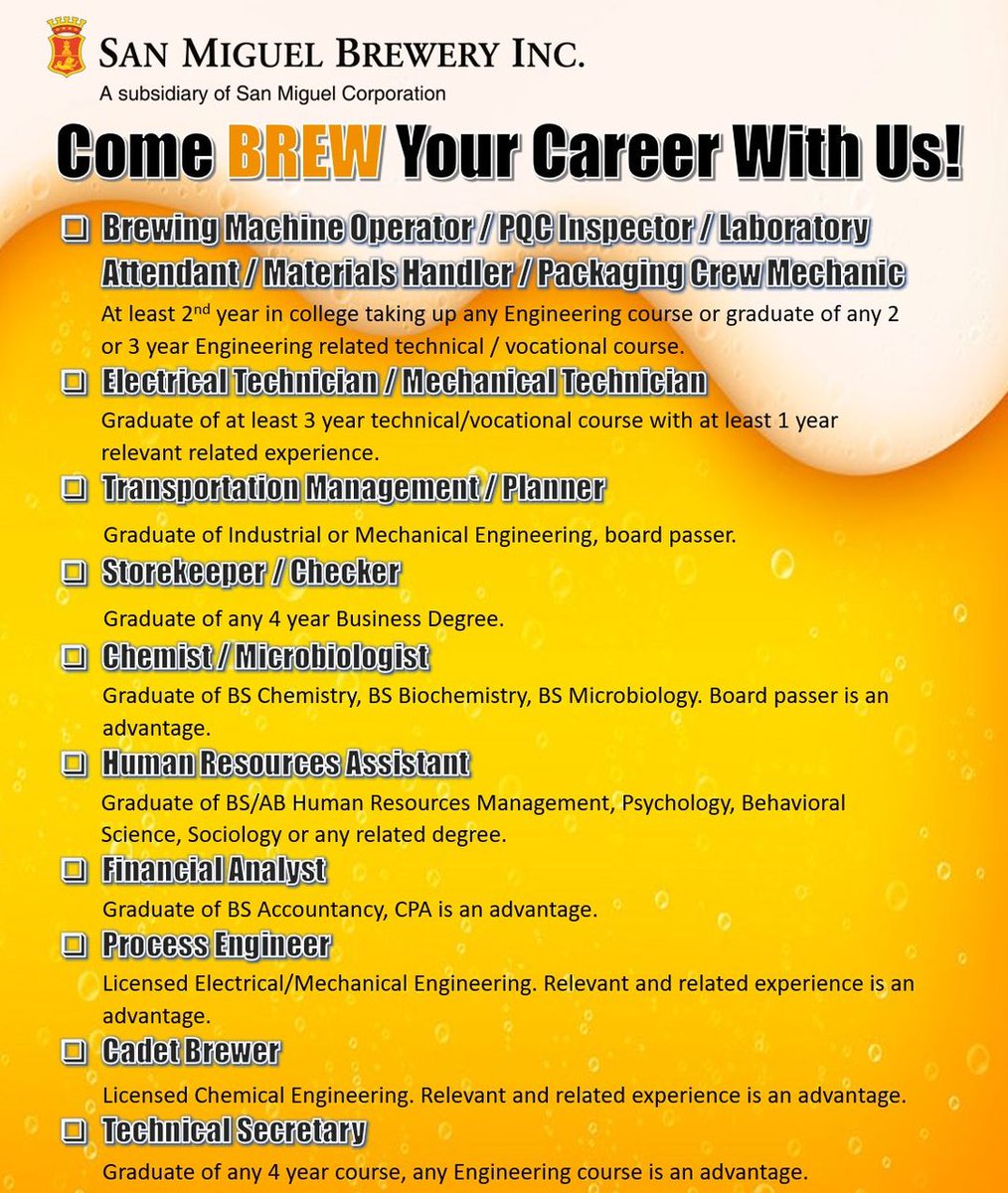 valenzuelacity's tweet photo. ‼️ SAN MIGUEL BREWERY INC. JOB OPENING ‼️

Interested applicants may submit their resume to peso.onlineapplication2020@gmail.com https://t.co/dIryt9Dkl4