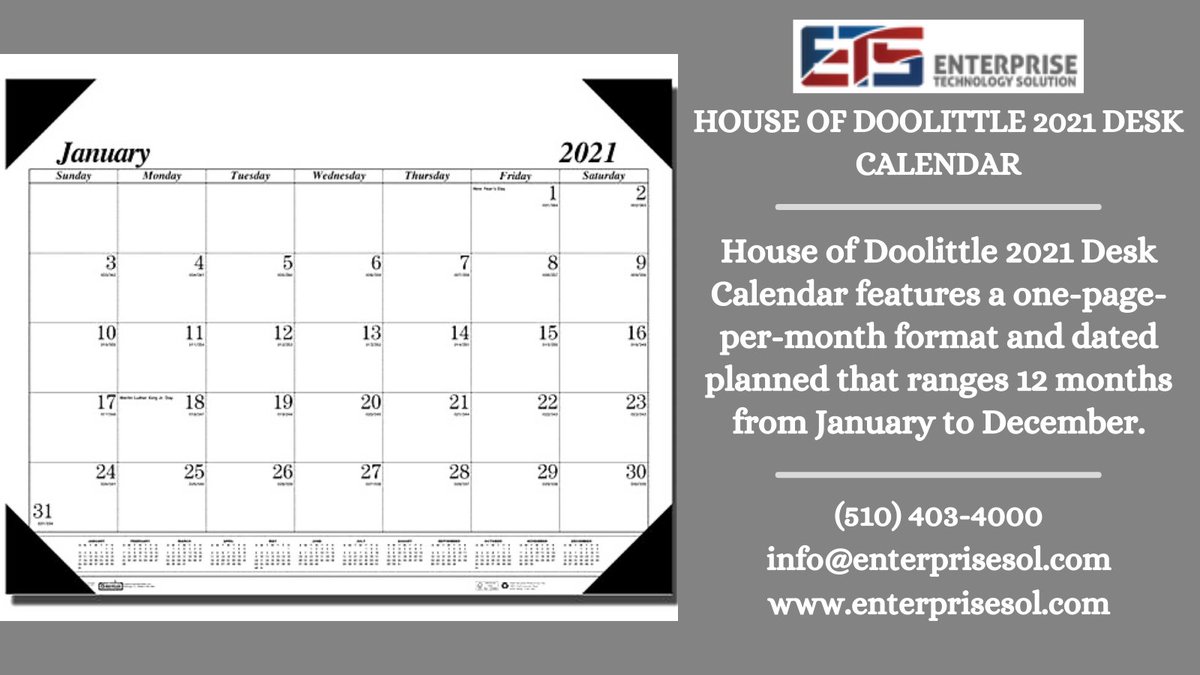 House of Doolittle 2021 Desk Calendar features a one-page-per-month format and dated planned.

#Enterprise #Technology #Solutions #infrastructure #Business #HouseofDoolittle #Desk #Calendar #gsa #schedule