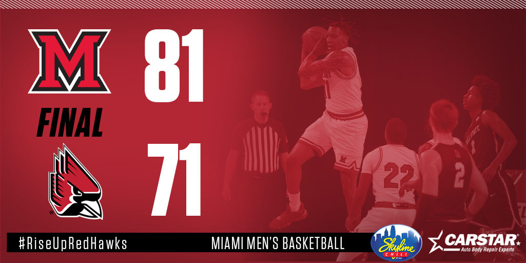 MiamiOH_BBall's tweet photo. Add one to the WIN column! 

A great @MACSports win in Oxford tonight with 
@DalontB and James Beck leading the RedHawks with 17 points each!

#RiseUpRedHawks https://t.co/PXDZ0689Ku