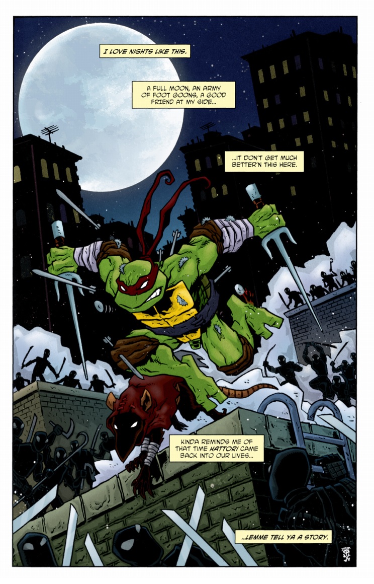 Eric Talbot, who's also on lettering this issue! It deals with the return of the Turtles friend Gosei Hattori, a samurai who channels and draws on the spirits of his ancestors to kick ass, and Raph has a throwing star in his head, what the hell?