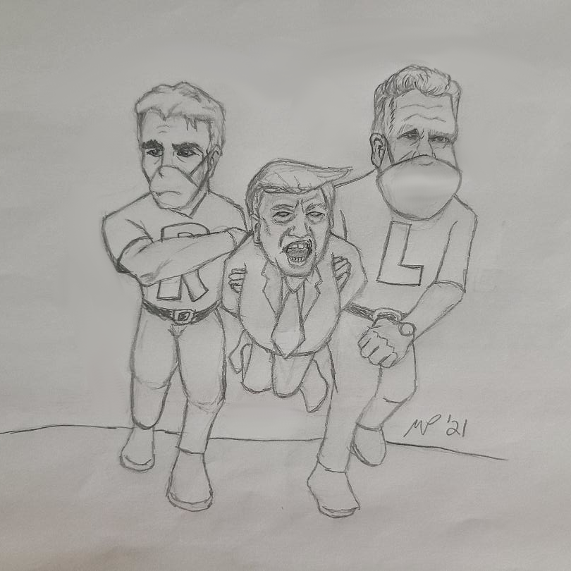 PuskArtist's tweet photo. puRpLe walk
(original pencil w/minor negative space touch ups)
ft. @WalshFreedom ("R") &amp; @perlmutations  ("L") taking out the trash (@realDonaldTrump on Inauguration Day 2021
#VoteHimOut #DragHimOut #CountryOvertrump #nevertrump #Resistance #Resist #UnitedWeStand

©2021 M. Puskar https://t.co/x2Dnp73E7G
