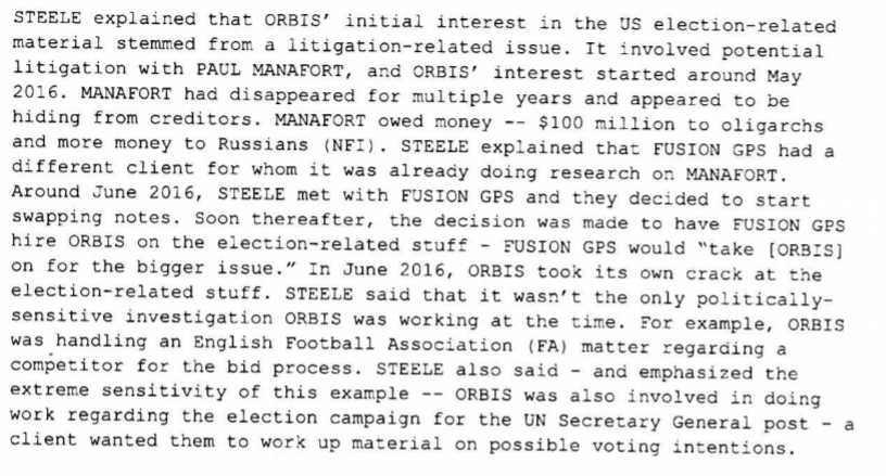 Now we get more into what Steele told FBI re: Manafort. FGPS and Orbis interests aligned on Manafort because he allegedly owed millions to Russians and FGPS had been digging into Trump already for months. When Manafort joined Trump campaign in March, by May somehow FGPS knew...