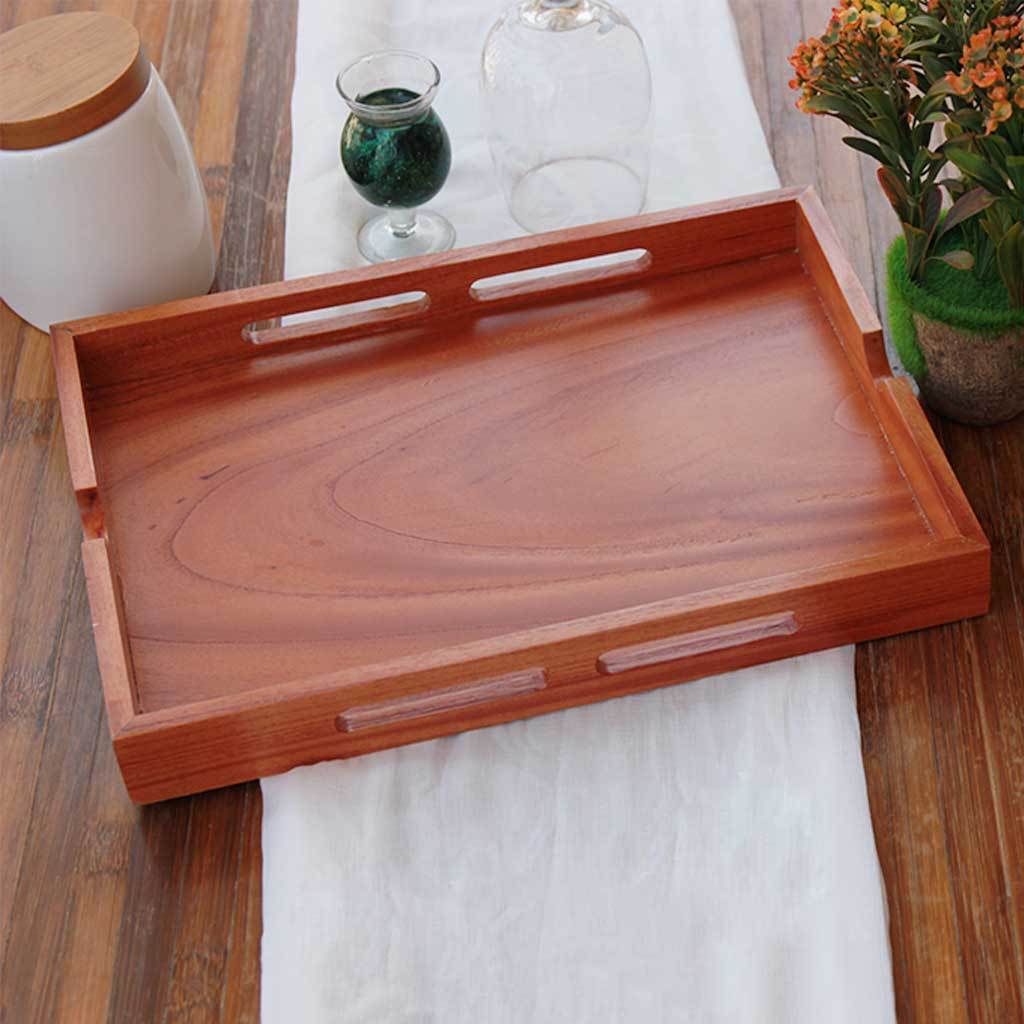 A rectangular serving tray with handles made from birch wood and mahogany wood.  Versatile, easy to handle  and very durable #woodentray #trays  #decor #interiordecor  #hotelinterior