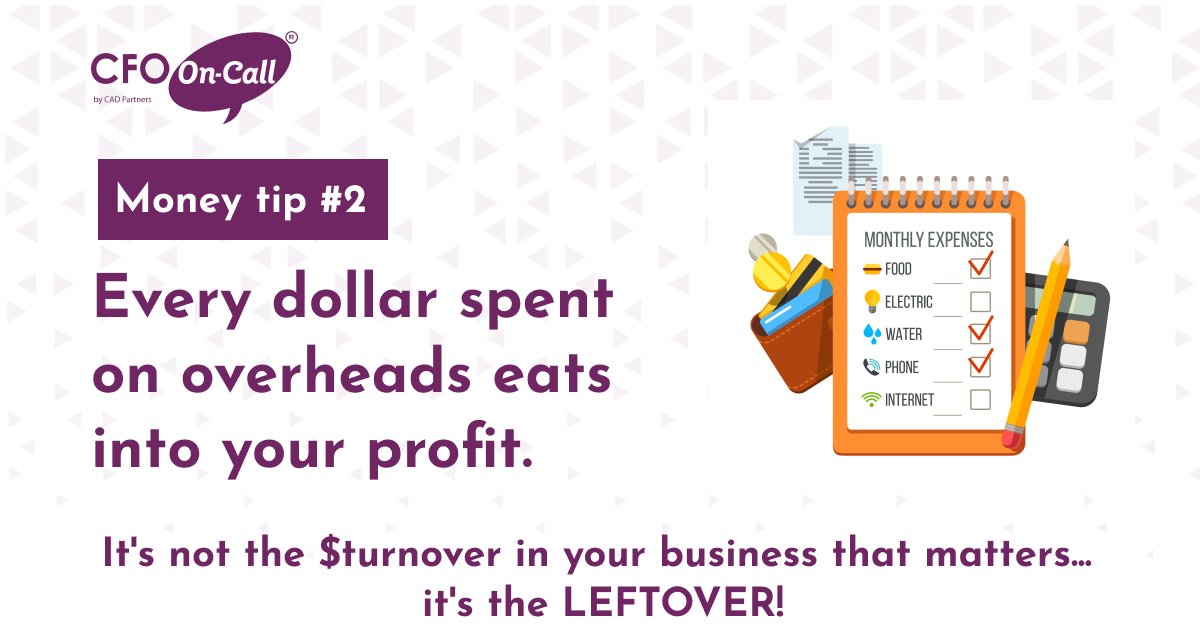 Our money tip to you this week is 👇
 
Expenses! 
Every dollar spent on overheads eats into your profit. 
 
#financialcoaching #CFOFinance #financialofficer #cashflow