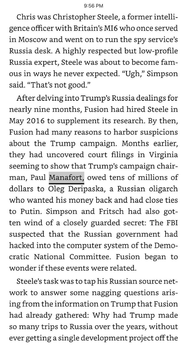 Manafort owed this money by looking into Trump finances (which makes no sense) so he and Steele met in May 2016 to "swap notes." An excerpt from FGPS book, Crime in Progress.It's amazing how so many just knew Manafort would be a huge liability, yet no one told Trump.
