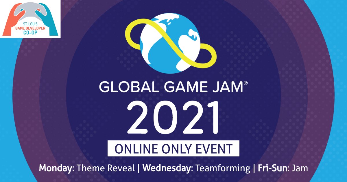 stlgamedev's tweet photo. We're excited to announce Global Game Jam is just around the corner at the end of this month and will be held 100% online! The schedule and format will be a little different, so please join our specialized Event Discord for full details! https://t.co/mg3QpCDPxU https://t.co/iMsPKDlaBf