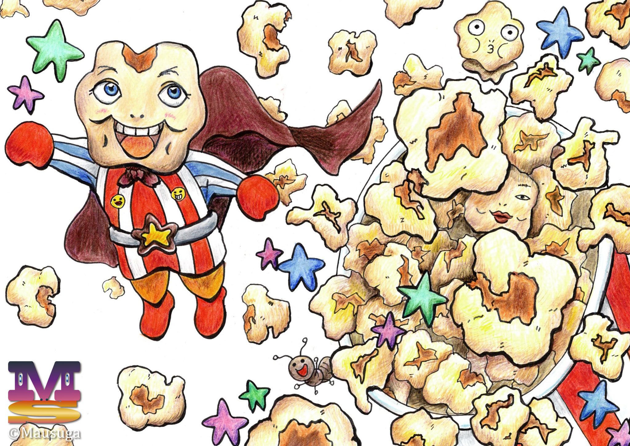まうすが 新作イラスト公開 スーパーポプコンマン たった一度きりのこの人生 思いっきり楽しんでやりましょう まるで 弾けるポップコーンのように イラスト アナログ 色鉛筆イラスト ポップコーン オリキャラ スーパーマン 絵描きさんと
