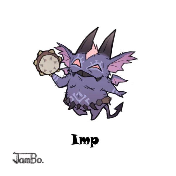 No65 Imp./ No66 Puck.インプは不和や苛立ちを愛する小悪魔。挑発するような動きで魔法を詠唱する。パックは悪戯大好きの妖精。ピンチには仲間を呼び集める。頭突きが痛い! 