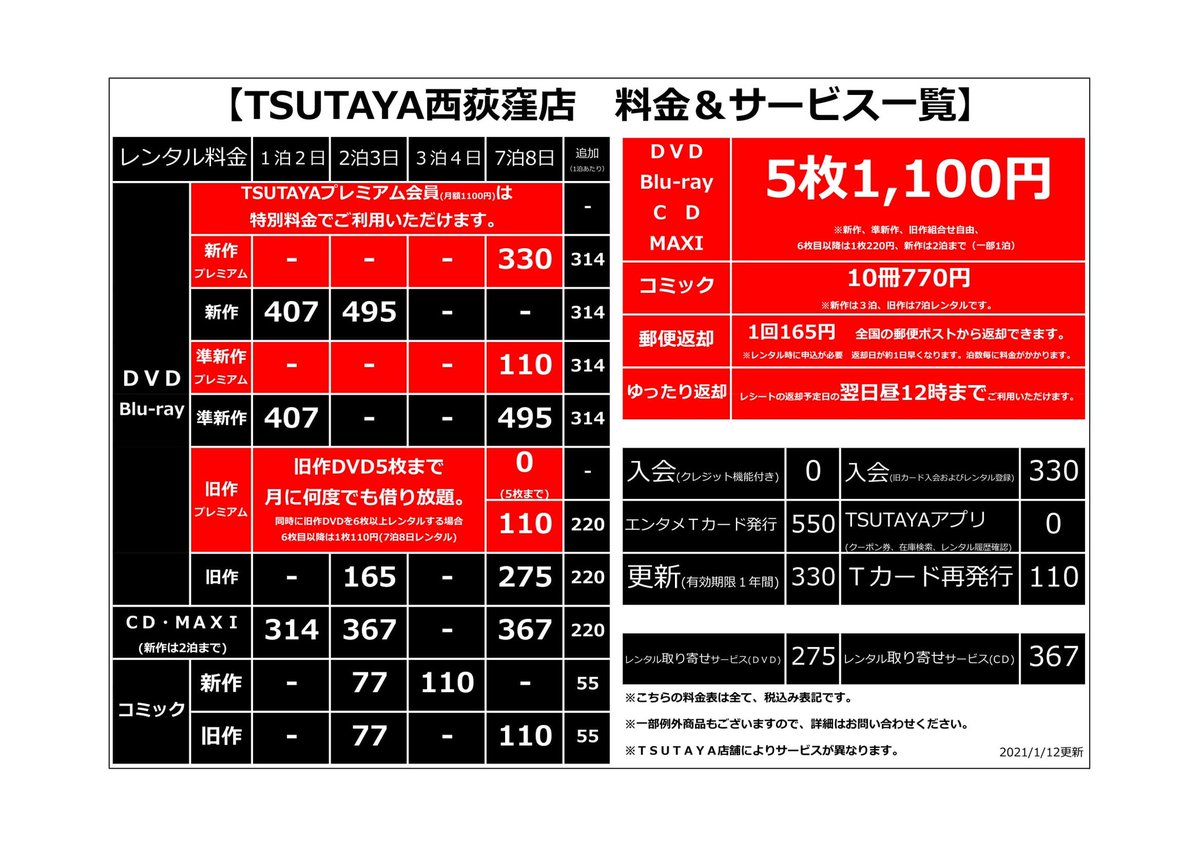 Tsutaya西荻窪店 料金改定のおしらせ 1 12 火 より旧作の料金を 2泊110円 税込 165 税込 へ変更させて頂きました 5枚1100円 税込 のまとめ借りサービスやその他アイテムの料金は据え置きとさせて頂きます 大変恐れいりますが よろしくお願い