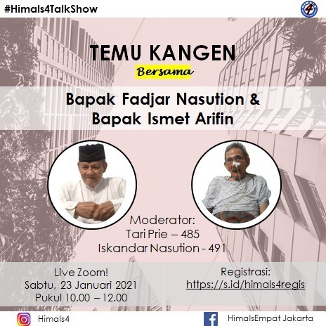 *#Himals4TalkShow mengundang Alumni SMA4 via Live Zoom,*

“Temu Kangen bersama pak Fadjar Nasution dan pak Ismet Arifin

Sabtu, 23 Januari 2021
Pukul : 10:00 - 12:00

Join Zoom Meeting
us02web.zoom.us/j/82621566098?…

Meeting ID: 826 2156 6098
Passcode: 117097