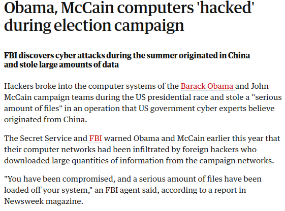 Yeah, in 2008 this "serious amount of files" stolen in an operation they told us was CHINA for Obama's entire eight years was never once suggested by anyone as possibly being a national security risk for this country or the sitting President at the time.  https://www.theguardian.com/global/2008/nov/07/obama-white-house-usa