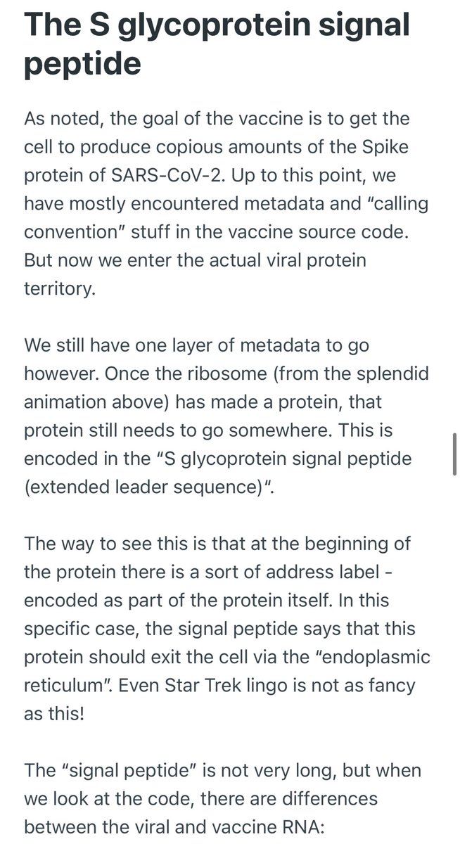 5) Also, mRNA vaccine must be programmed to tell our cells to “Spit out” spike protein out of cell, instead of keeping the spike protein inside cell or attached to cell surface (like a receptor). Hence we code the mRNA to tell our cell’s mail sorting system to  it to spit out.