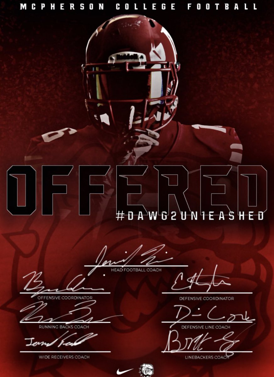 mark (@mark47595557) on Twitter photo I am grateful and excited to announce that I received an offer from McPherson College to continue to play football at the next level <a href="/MACBulldogsFB/">McPherson Football</a> . Thank you <a href="/CoachJFisc/">Coach Fiscus</a>! Looking forward to meeting you in person at the end of the month. #GoBulldogs #Dawg2Un1eashed I am grateful and excited to announce that I received an offer from McPherson College to continue to play football at the next level <a href="/MACBulldogsFB/">McPherson Football</a> . Thank you <a href="/CoachJFisc/">Coach Fiscus</a>! Looking forward to meeting you in person at the end of the month. #GoBulldogs #Dawg2Un1eashed