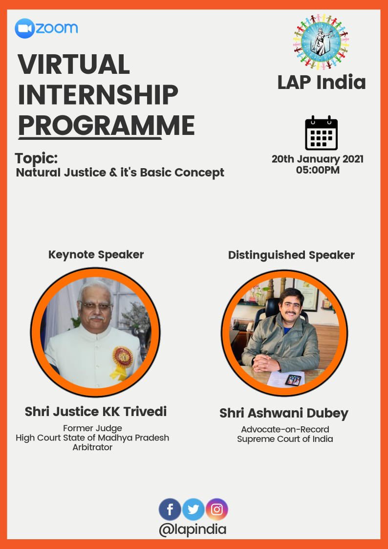ashwani_dube's tweet photo. “Natural Justice &amp; It’s Basic Concept”

Speakers: #Justice KK Trivedi 
@ashwani_dube

Date: 20.01.2021
Time: 5 PM 

Organiser: @UtsavMishraa @IndiaLap https://t.co/RMgGjZpgIX