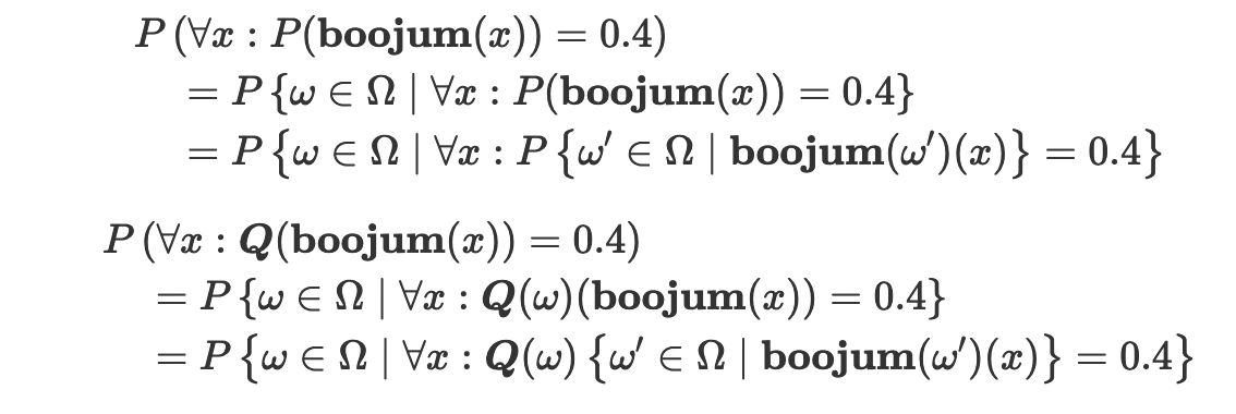 danielabolafia's tweet photo. @Meaningness Here's how I interpreted your (simplified) example. I went a bit wild with random variables. Q is a measure-valued RV, and boojum is a predicate-valued RV. I have a long form post about this in the works if you are interested. https://t.co/o3xx7yZSrb