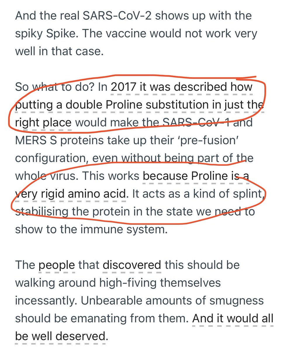 8) So how did scientists solve that spike protein collapsing problem above? Well they forced in two PROLINE amino acids to act as a “splint” and force the vaccine-made spike protein to keep its proper shape as it would appear on a real virus. Boom!!! HACKED! Suck that virus.