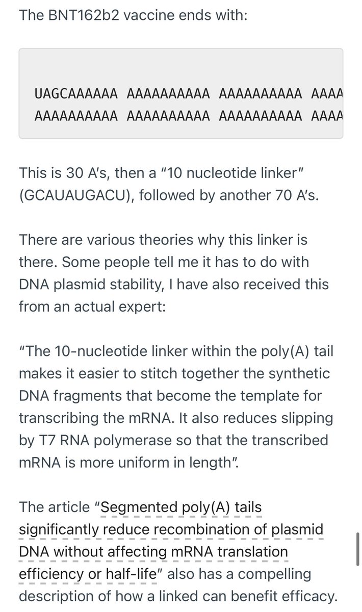 12) And another thing was they used a special linker GCAUAUGACU code in middle of all the A’s to again enhance the transcribing and polymerase. Another scientist genetic hack.