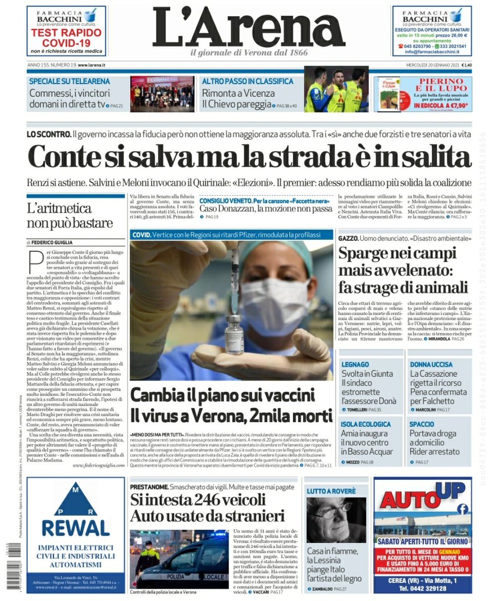 larenait's tweet photo. Prima pagina di mercoledì 20 gennaio 2021
#Larenaoggi https://t.co/EszNuWTGRw
#CommessidellAnno finale domani su @telearenatv
#VicenzaChievo 1-1
#GiuseppeConte Incassa la fiducia
#CORONAVIRUS Piano #vaccini
A #Verona oltre 2mila morti
@ACChievoVerona
@LRVicenza
@RadioVerona https://t.co/61jrw6QhlI