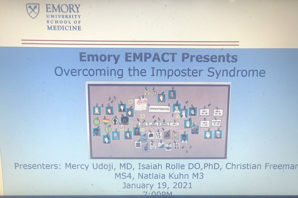 Informative @EmoryEmpact talk on Strategies 2 Overcoming the #impostersyndrome by @natalia_kuhn @Iceharlem @chrissyfree21 Dr. Udoji
-have a circle of trusted advisors 
-reframe negative thoughts 
-keep a record of your accomplishments eg updated CV
-avoid comparisons #MedTwitter