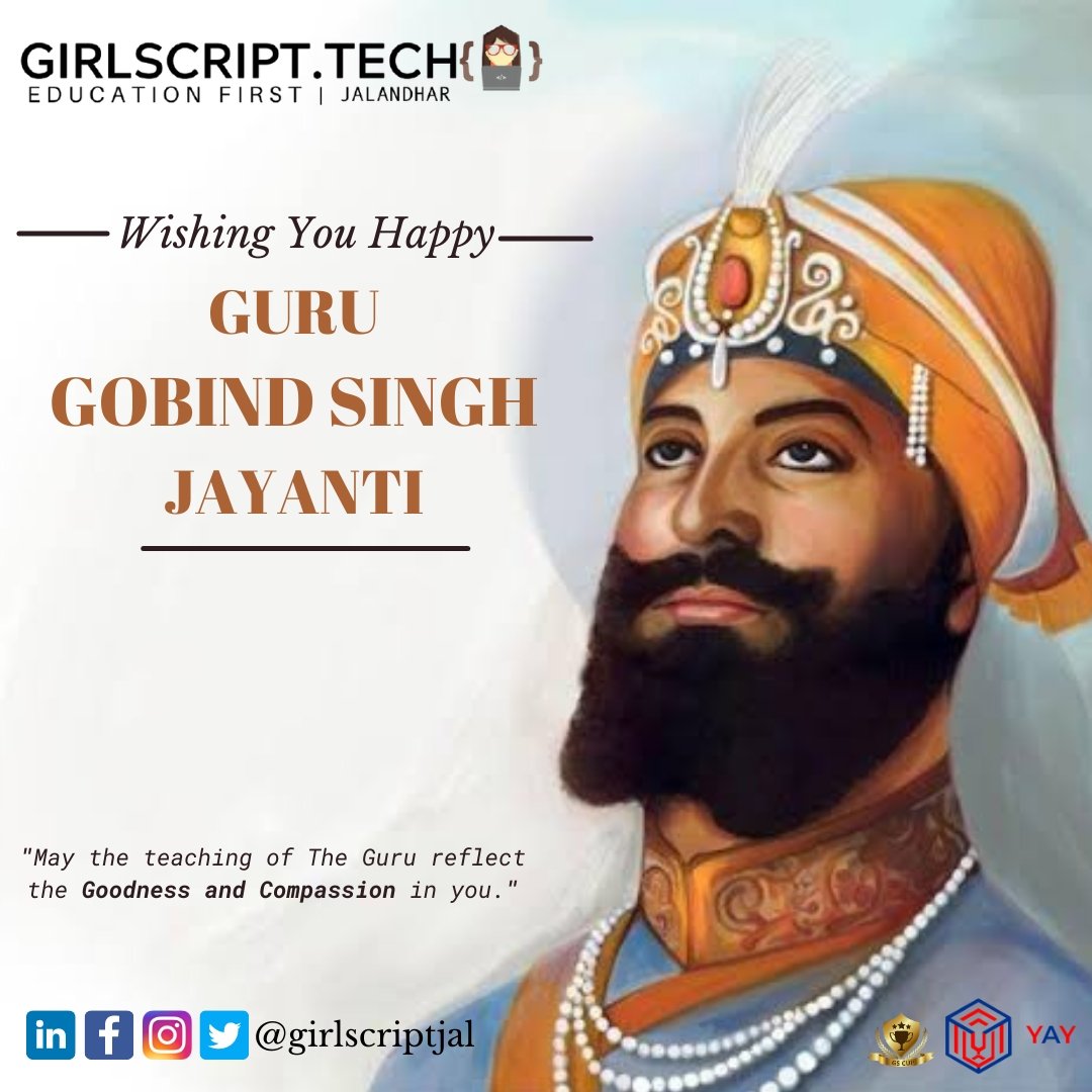 GirlScriptJal's tweet image. May Guru Gobind Singh Ji gives all of us the #courage &amp;amp; #strength to #fighttheevil, &amp;amp; always stand by the side of #truth.
Heartiest wishes to u &amp;amp; ur family on the auspicious occasion of #GuruPurab, Happy #GuruGobindSinghJiJayanti!
#guru #Khalsa #waheguru #girlscriptjalandhar