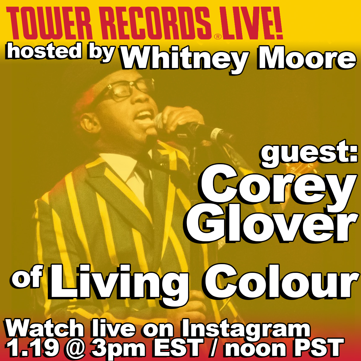 TowerRecords's tweet image. #TowerRecordsLive is back this week with @TweetneyMoore and some very special guests! If you missed yesterday's show with #CoreyGlover of @LivingColour, watch it now on our IGTV! Give us a follow on Instagram: #OfficialTowerRecords so you never miss us 😎 #LivingColour