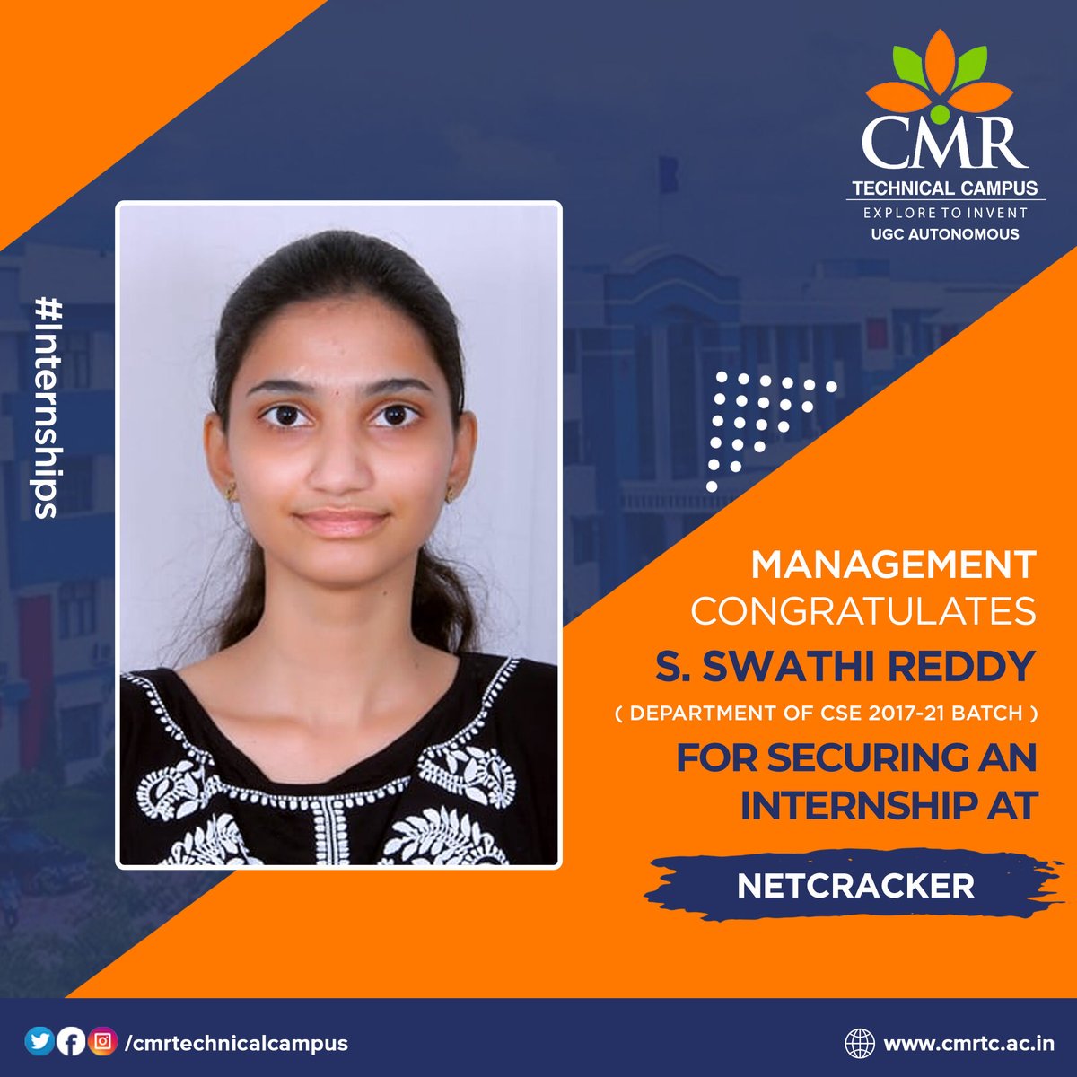 CMRTCofficial's tweet photo. CMR Technical Campus Congratulates S.Swathi Reddy for securing an internship at NetCracker
We wish him all the best for his future and career prospects ahead !!
#CMRTechnicalCampus #InternshipUpdates https://t.co/YwhIWpXIPf