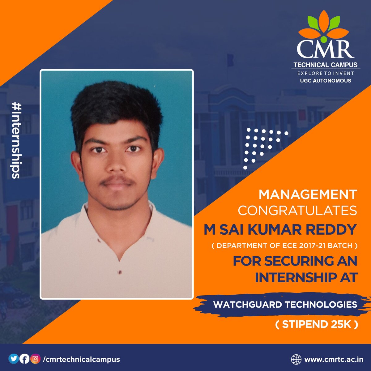 CMRTCofficial's tweet photo. CMR Technical Campus Congratulates M Sai Kumar Reddy for securing an internship at WatchGuard Technologies
We wish him all the best for his future and career prospects ahead !!
#CMRTechnicalCampus #InternshipUpdates https://t.co/UtfaQ3Pgol