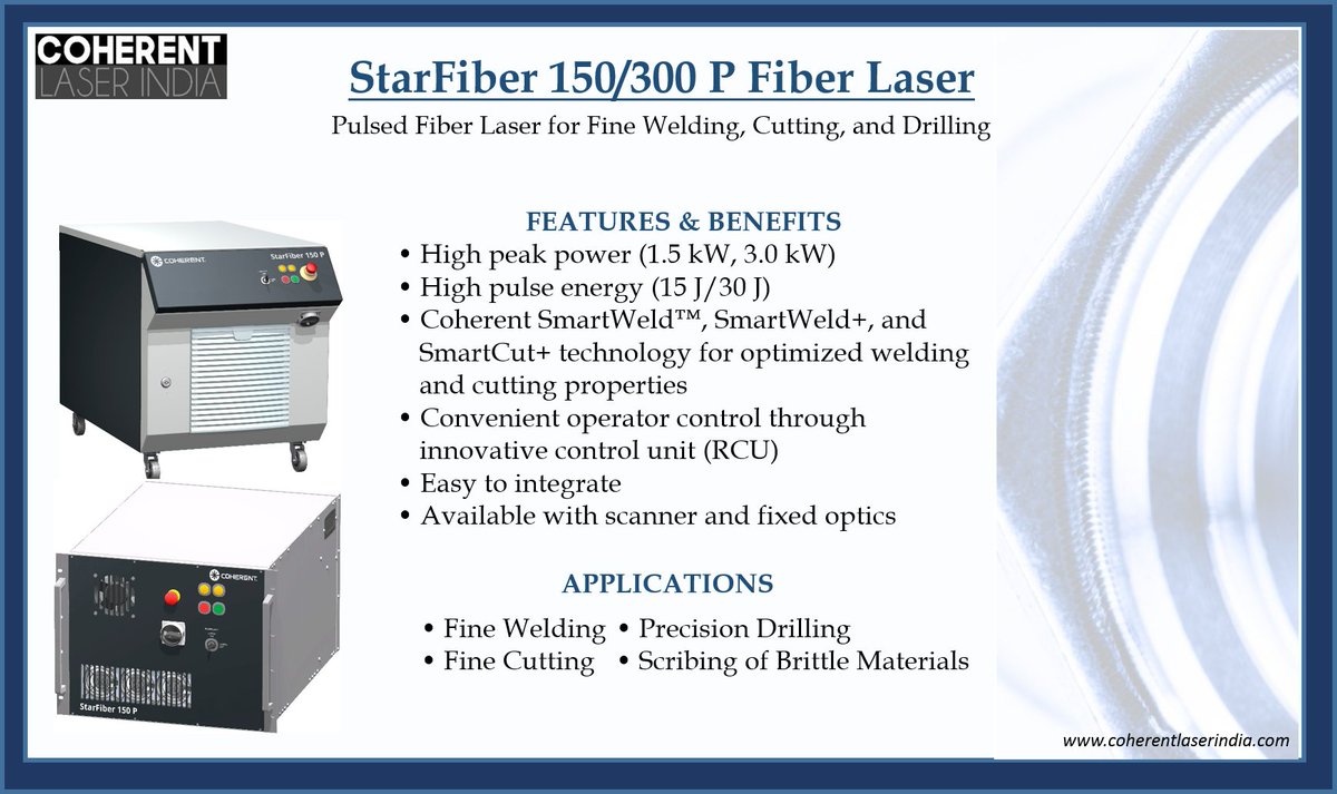 CoherentLaserIN's tweet photo. The @CoherentInc StarFiber 150/300P fiberlaser combines high pulse energy and peak power with high beam quality and is characterized by high electrical efficiency, low maintenance and compact design.#CoherentIndia #CoherentInc #laserwelding #lasercutting #laserdrilling #scribing https://t.co/GBretaUC7g