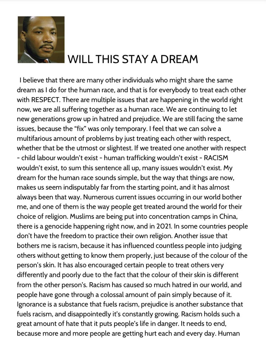 In light of #MLKDay2021  , my students reflected on equity issues & their dreams for our world. Celebrated on the 3rd Monday of January, MLK Jr. Day honours the life & accomplishments of Dr. King, an influential leader recognized for his role in the #CivilRights movement🤝💪🏿