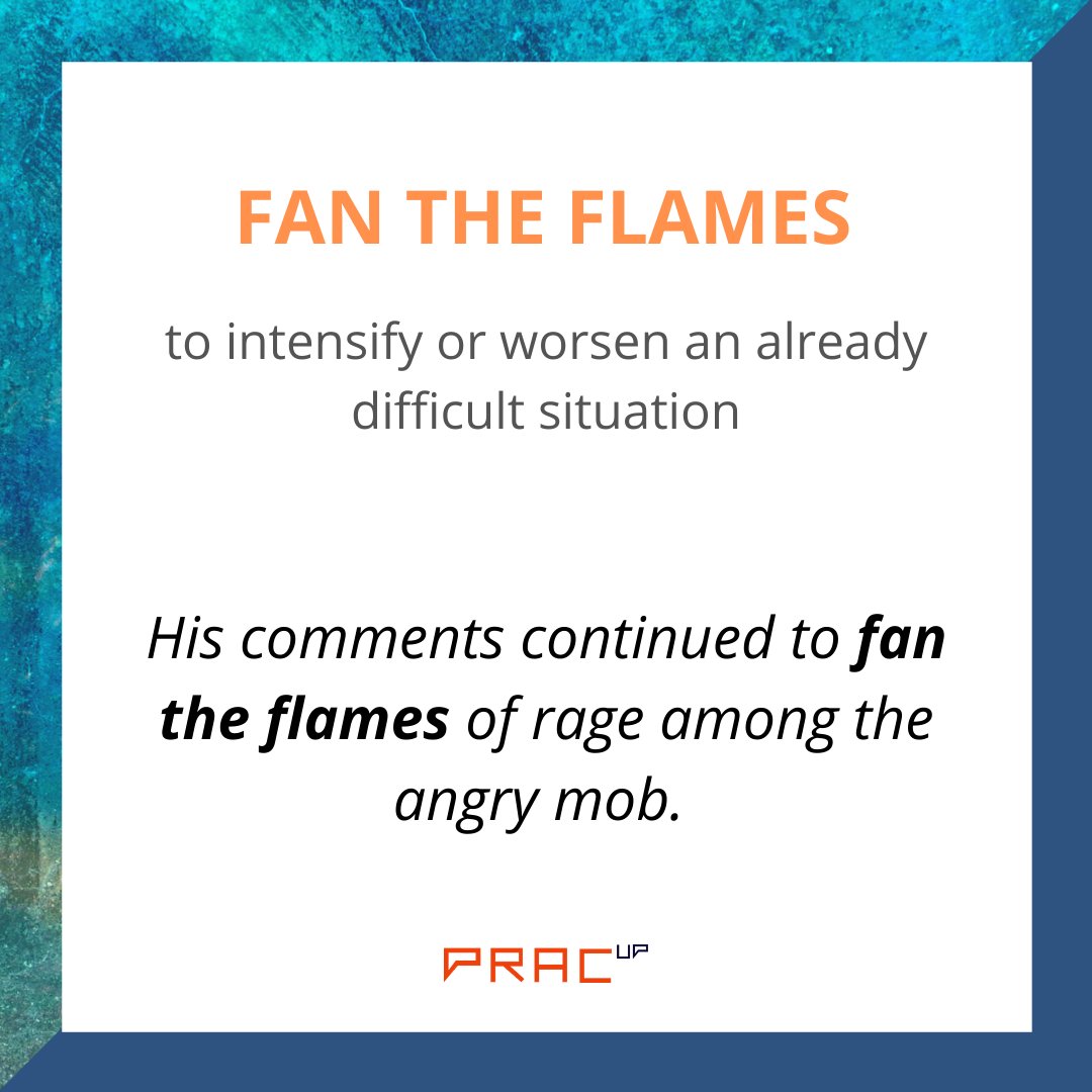 Idiom of the day- Fan the flames

#englishconversationclub #englishidioms #english #englishhome #englischlehrerin #onlineenglish #onlinelearning #idiomsandphrases #idioms_phrasalverbs_proverbs #englishtips #englishmeaning #englishgram #englishgrammar #vocabulary #communication
