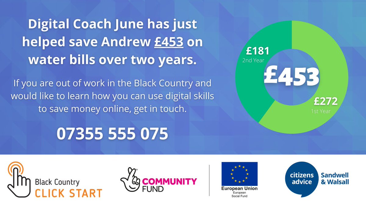 Click Start has helped a participant save £453 on their water bill! You could save too - contact us on 07355 555 075 to see how we can help #TNLComFundESF #ClickStartBC #DigitalInclusion #FinancialInclusion #EssentialDigitalSkills <a href="/TNLComFund/">The National Lottery Community Fund</a>