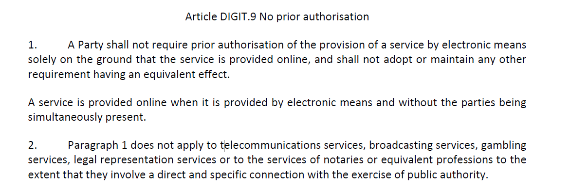 In this Twitter thread let me just hone in on one innocent looking provision in  #TCA: Article DIGIT.9 titled "no prior authorisation"