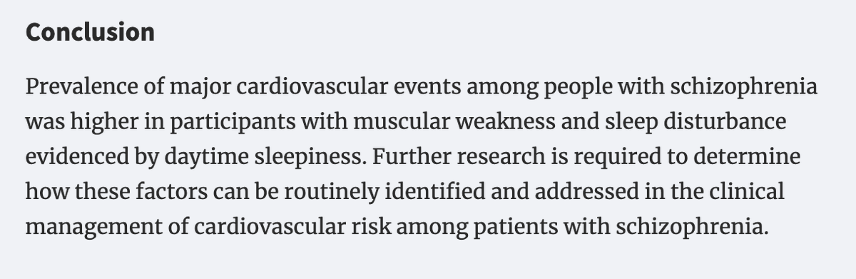 NEW: How cardiovascular risk in people living with mental illness relates to:
- Sleep Disturbance,
- Muscular Strength,
- Sedentary Behaviour,

3 factors overlooked by current risk algorithms

academic.oup.com/schizbullopen/… Berry et al., 2021