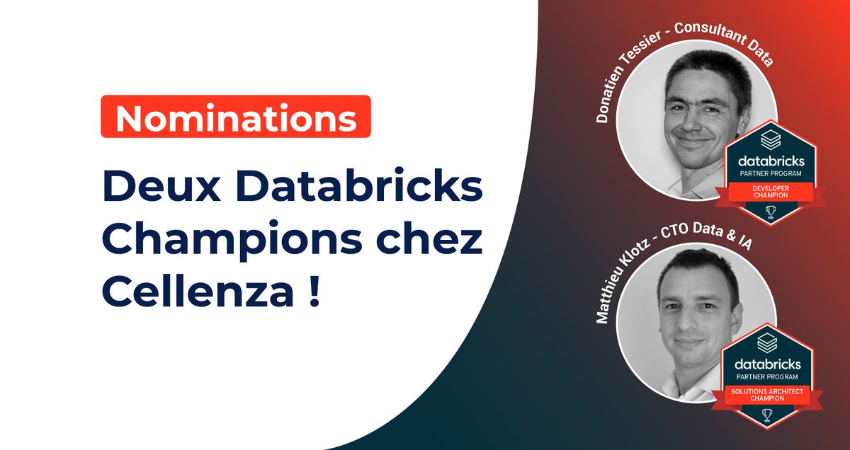 cellenza's tweet photo. [Nominations 🏆]  Matthieu Klotz et @DonatienTessier parmi les 3 premiers à obtenir le titre de #DatabricksChampions en France !
Dans notre dernier article de blog, nous vous invitons à découvrir les coulisses de ce beau programme :
👉 https://t.co/kuhe0HXPit
@databricks #Data https://t.co/2GUQdtabqk