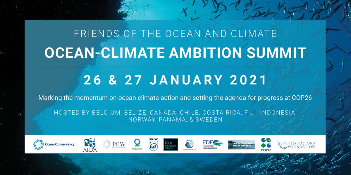 [SAVE THE DATE] #COP26 was postponed until late 2021, so it’s essential for us to maintain the momentum on #oceanclimateaction 

Join us at the Ocean-Climate Ambition Summit hosted by 🇧🇪🇧🇿🇨🇦🇨🇱🇨🇷🇪🇸🇫🇯🇮🇩🇳🇴🇵🇦🇸🇪

📆26-27 January
💻Register 👉oceanclimateambition.org #OceanforClimate